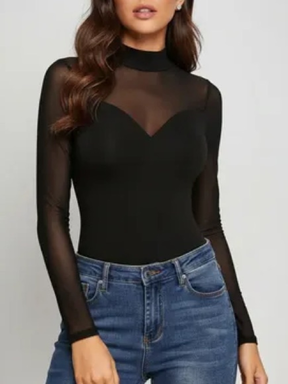 Sheer Yoke Black Mock Neck Long Sleeve Top